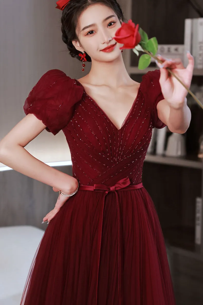 Princess Burgundy A-line Tulle Long Formal Dress
