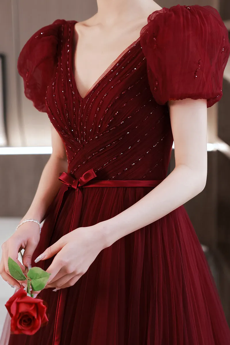 Princess Burgundy A-line Tulle Long Formal Dress