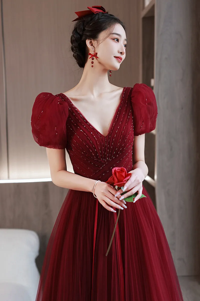 Princess Burgundy A-line Tulle Long Formal Dress