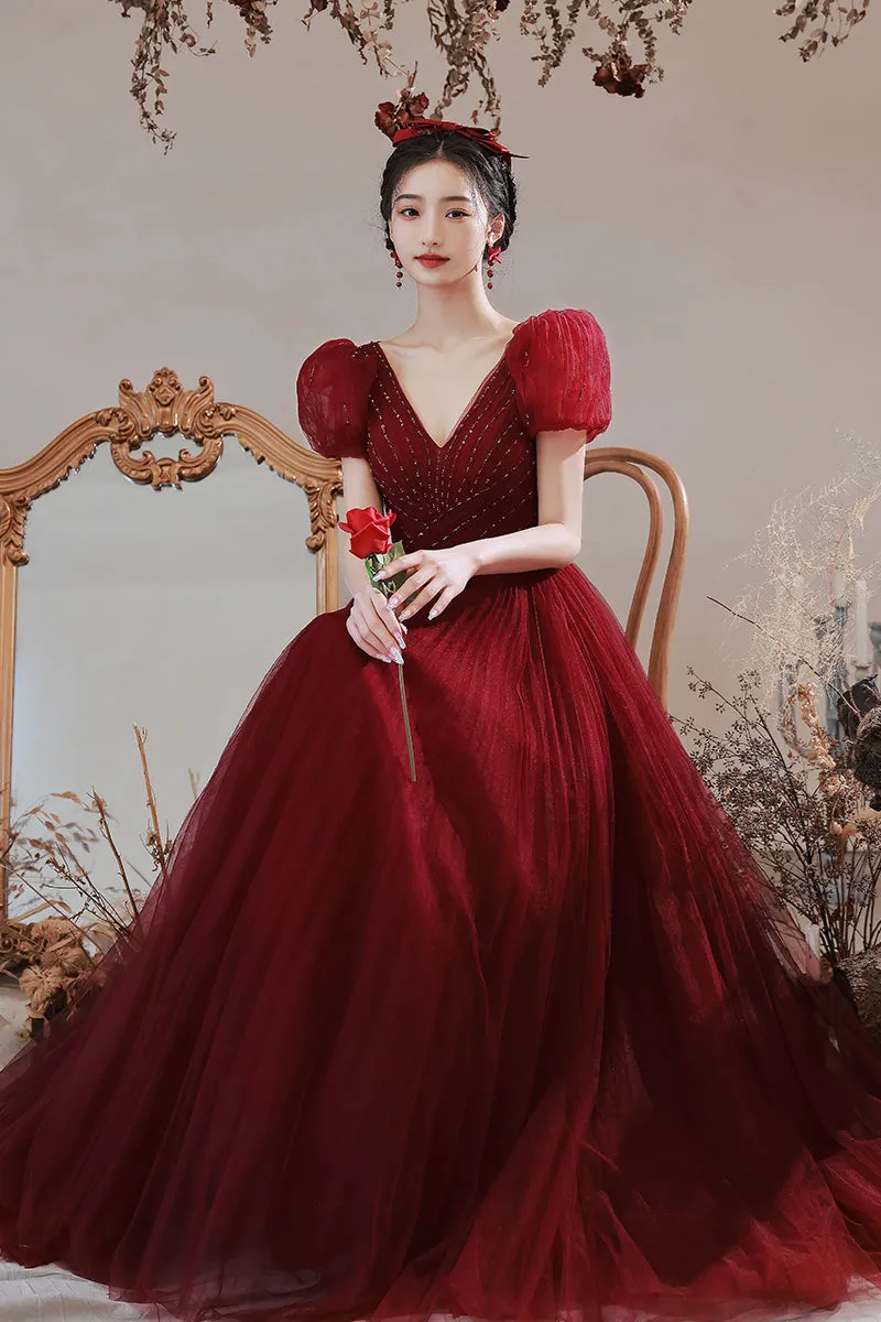 Princess Burgundy A-line Tulle Long Formal Dress