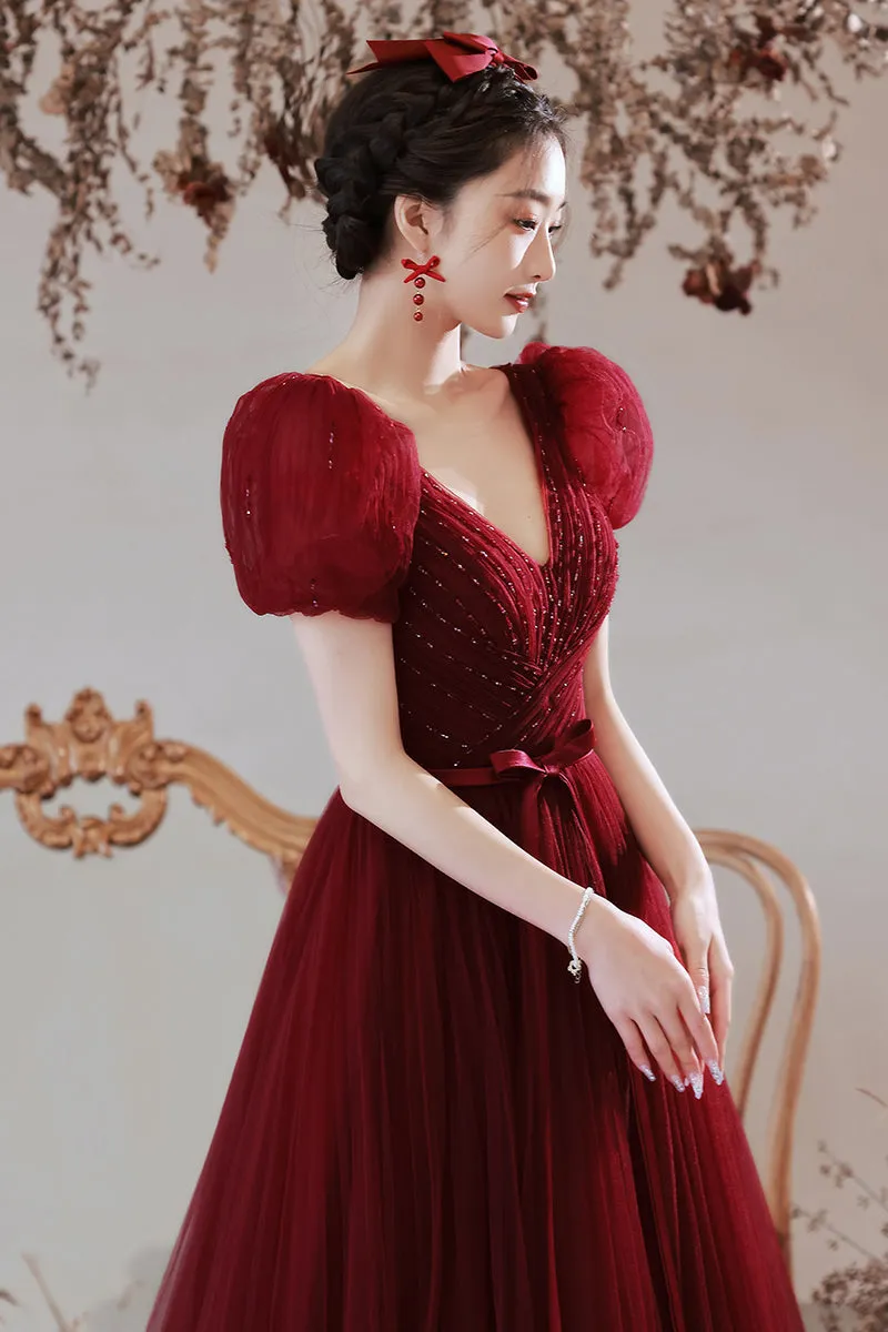 Princess Burgundy A-line Tulle Long Formal Dress