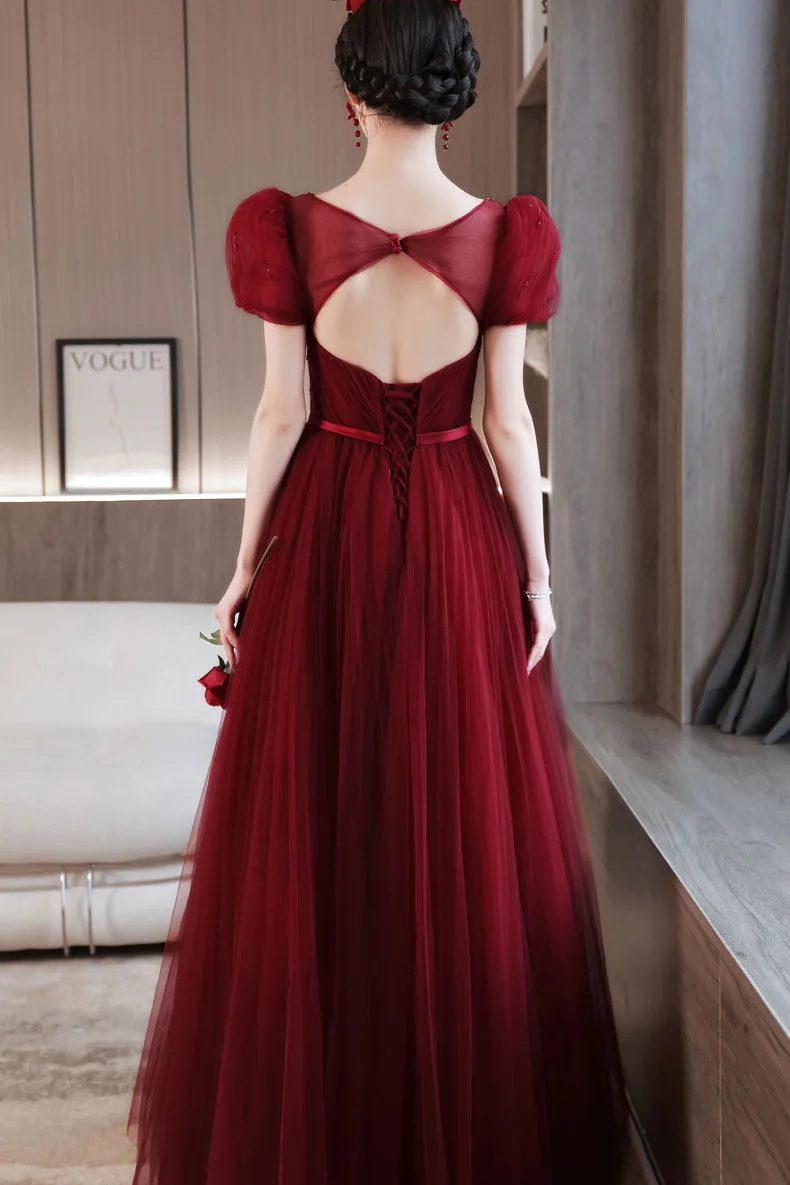 Princess Burgundy A-line Tulle Long Formal Dress