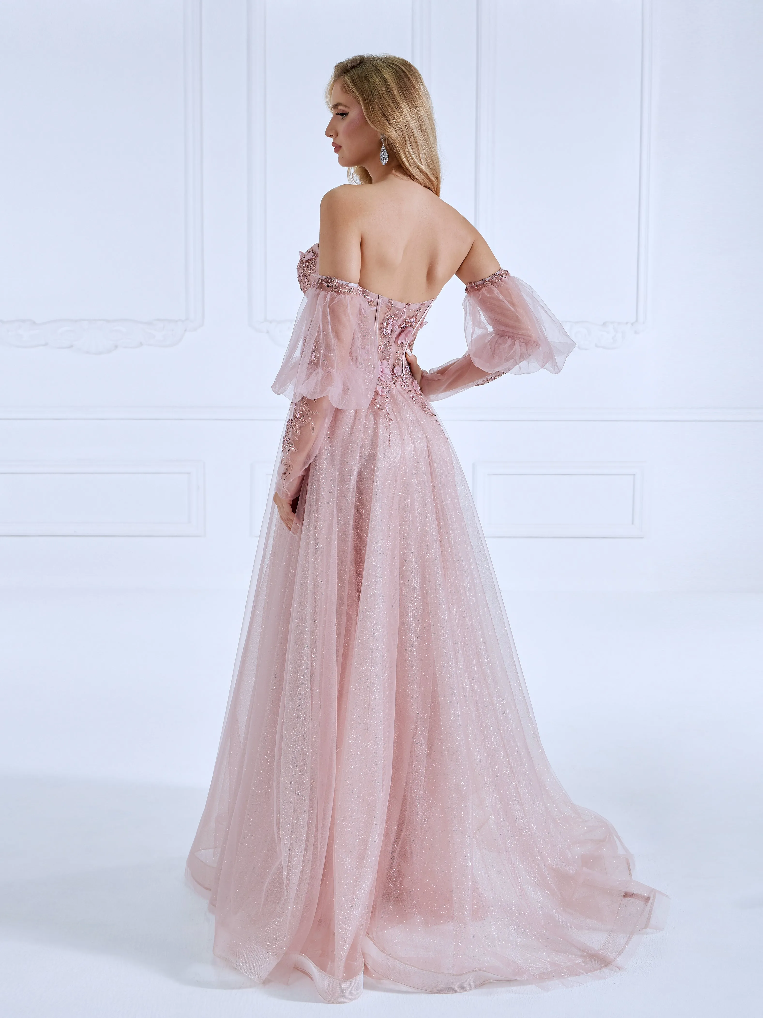 Princess Sweep Train Sequin Lace Tulle Pink Prom Dresses #18149