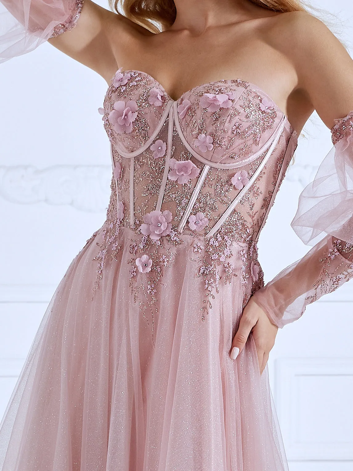 Princess Sweep Train Sequin Lace Tulle Pink Prom Dresses #18149