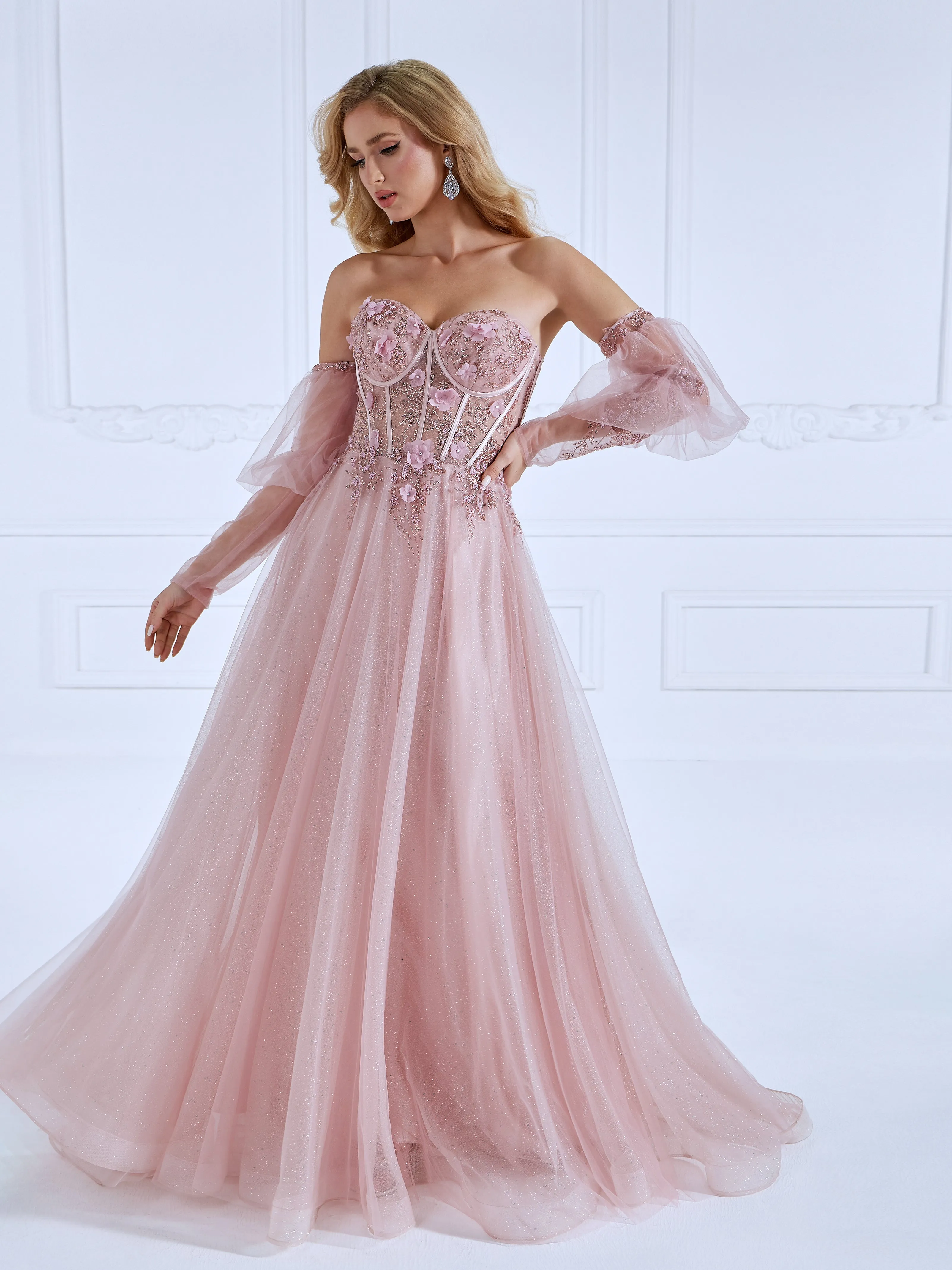 Princess Sweep Train Sequin Lace Tulle Pink Prom Dresses #18149
