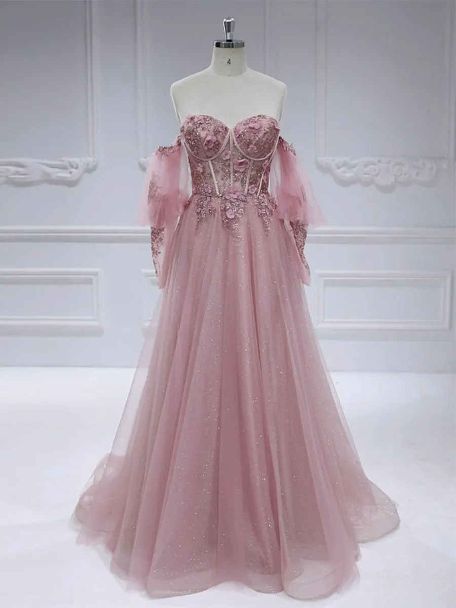 Princess Sweep Train Sequin Lace Tulle Pink Prom Dresses #18149