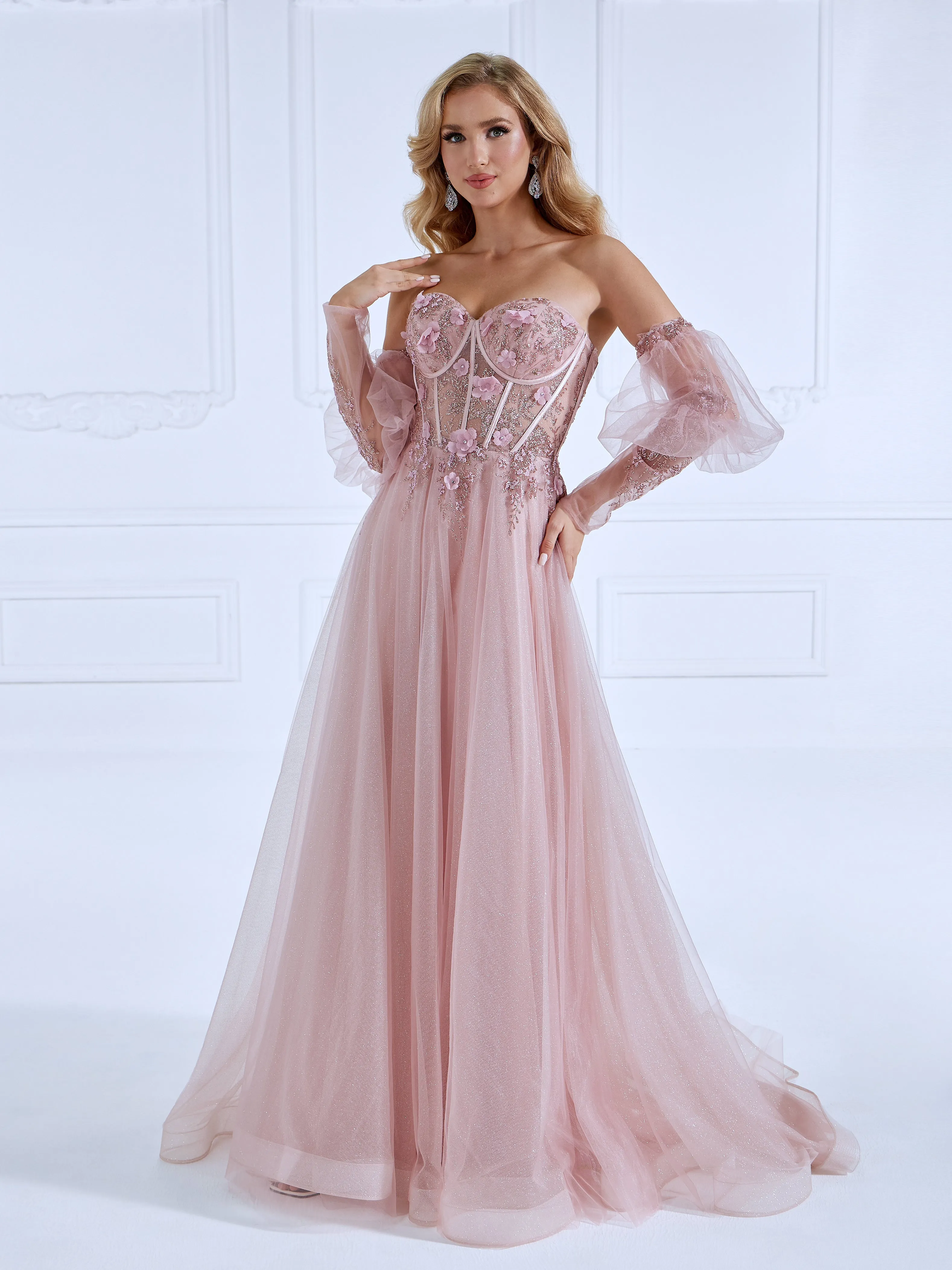 Princess Sweep Train Sequin Lace Tulle Pink Prom Dresses #18149