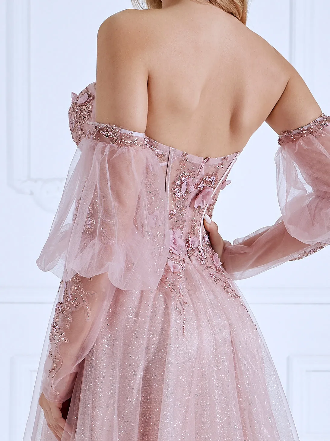 Princess Sweep Train Sequin Lace Tulle Pink Prom Dresses #18149