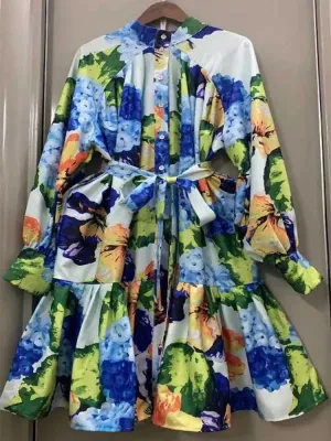 Printed Loose Dress with Belt swing and long A-line skirt.