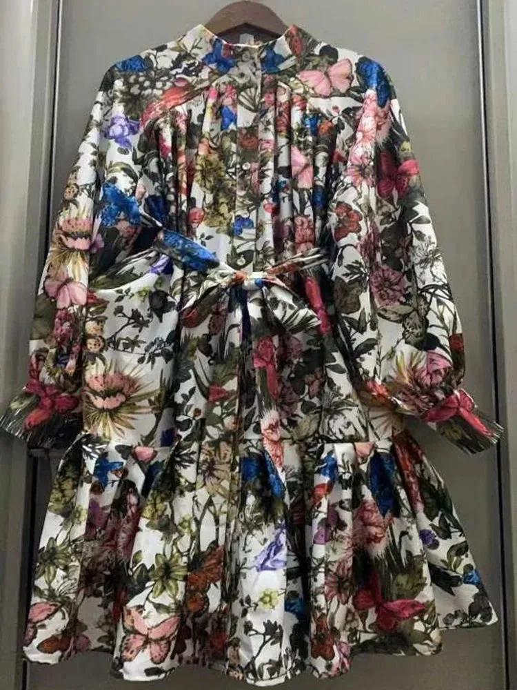 Printed Loose Dress with Belt swing and long A-line skirt.