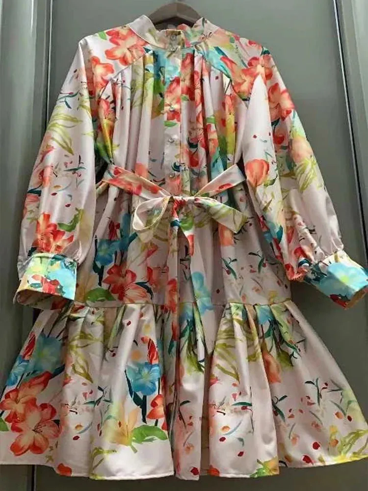 Printed Loose Dress with Belt swing and long A-line skirt.