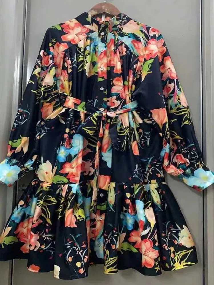 Printed Loose Dress with Belt swing and long A-line skirt.