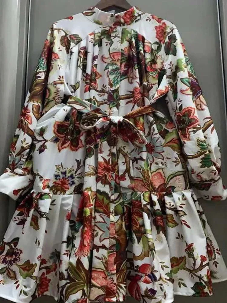 Printed Loose Dress with Belt swing and long A-line skirt.