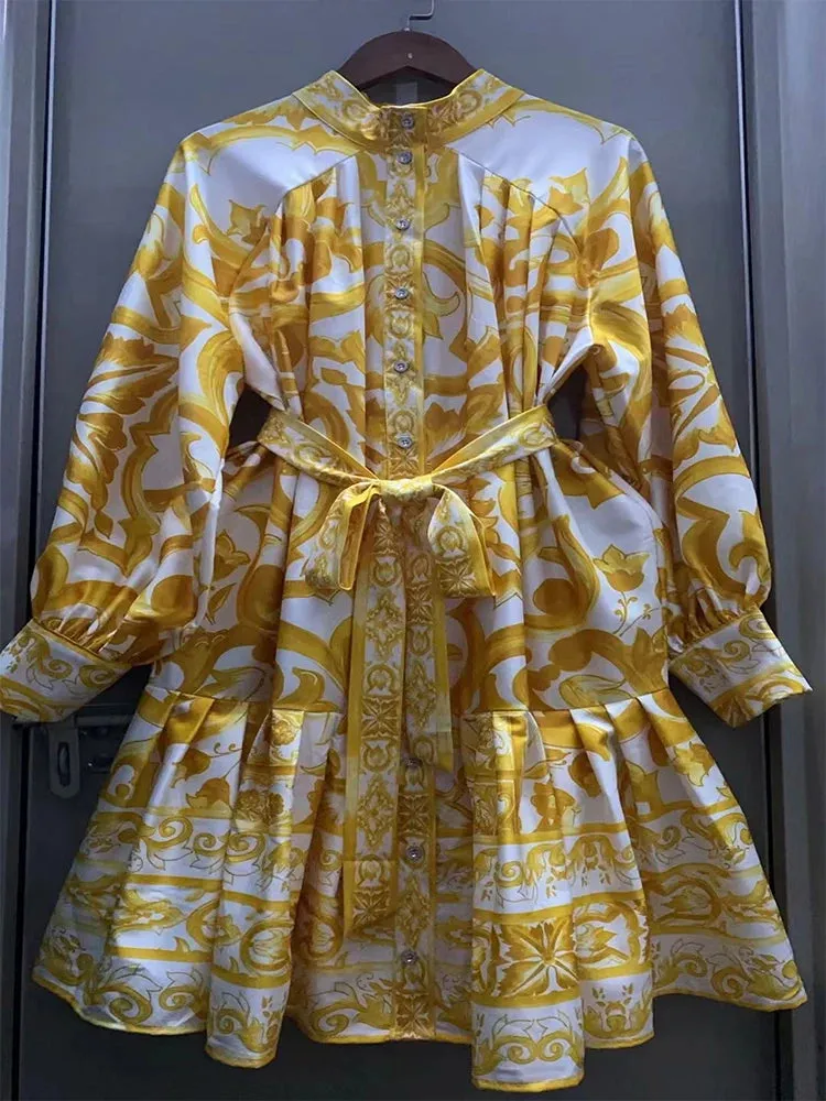 Printed Loose Dress with Belt swing and long A-line skirt.