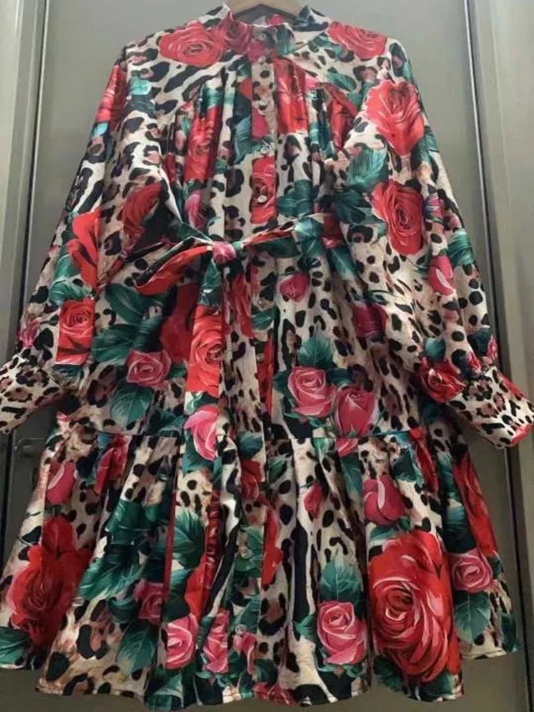 Printed Loose Dress with Belt swing and long A-line skirt.