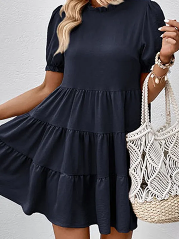 Puff Sleeve Mini Dress with Multilayer Pleats