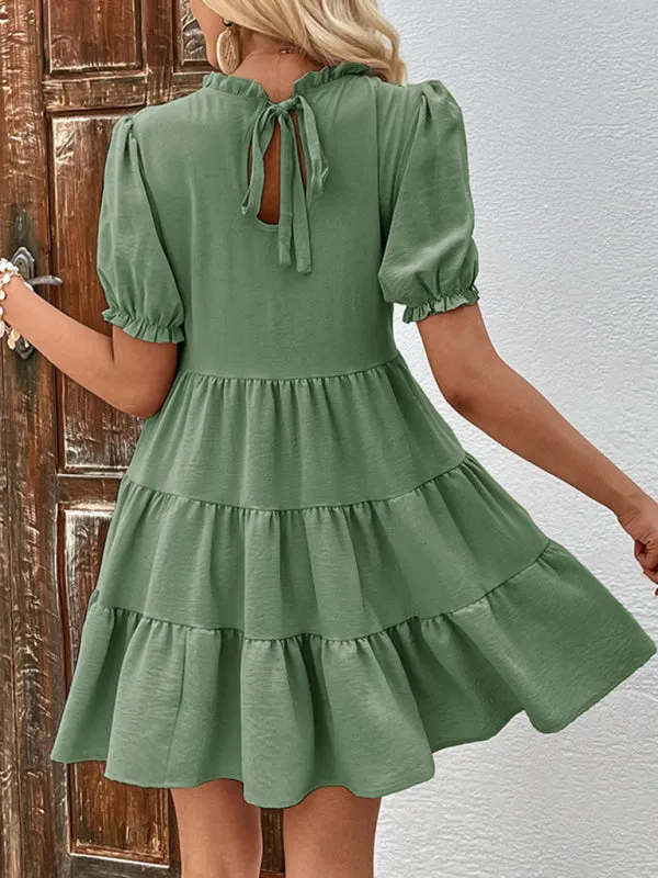 Puff Sleeve Mini Dress with Multilayer Pleats