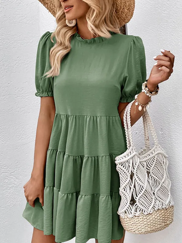 Puff Sleeve Mini Dress with Multilayer Pleats