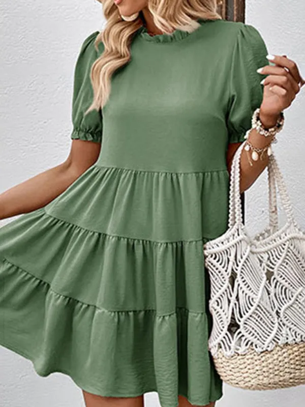 Puff Sleeve Mini Dress with Multilayer Pleats