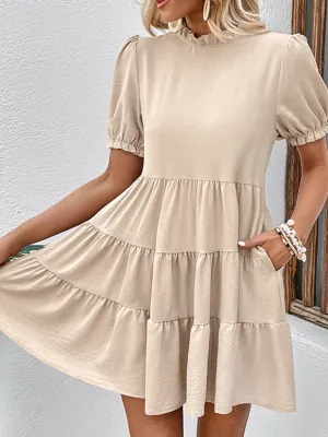 Puff Sleeve Mini Dress with Multilayer Pleats