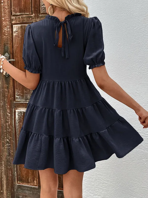 Puff Sleeve Mini Dress with Multilayer Pleats