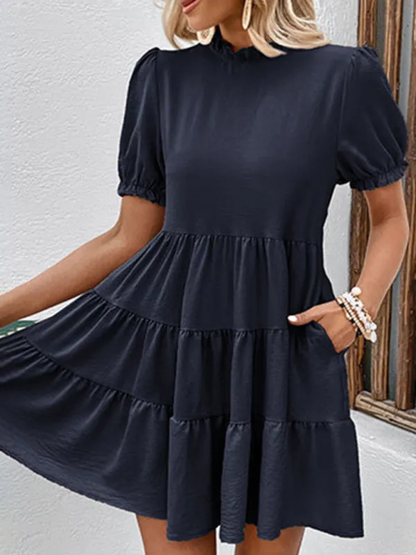 Puff Sleeve Mini Dress with Multilayer Pleats