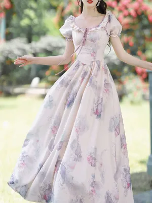Purple Round Neck Ruffle Short Puff Sleeve Corset Vintage Fairy Dress