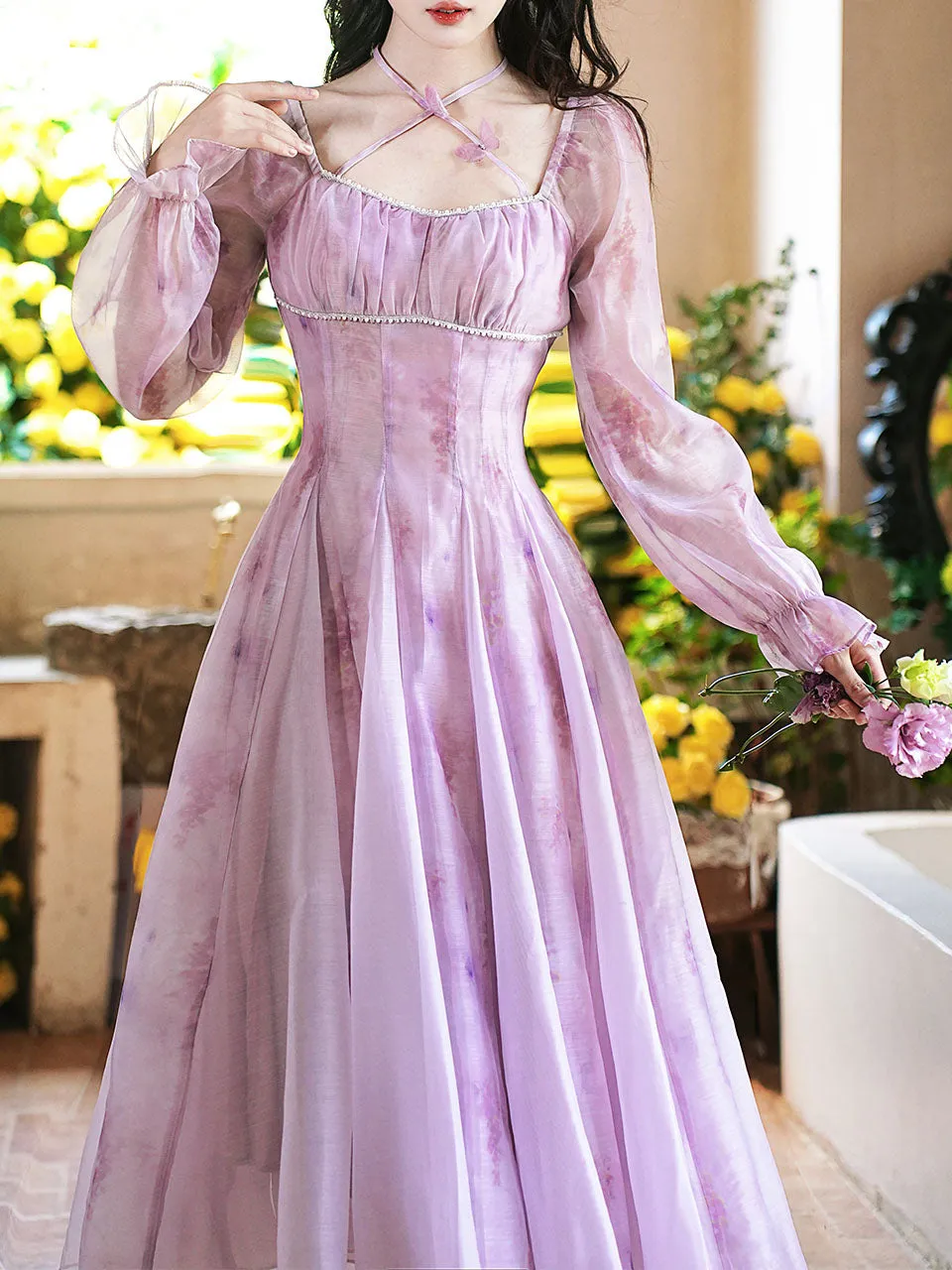 Purple Square Neck Butterfly Vintage Fairy Dress