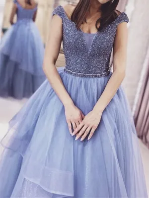 Purple V Neck Tulle Beads Long Prom Dresses Evening Dresses, Purple V Neck Tulle Beads Long Formal Evening Dresses