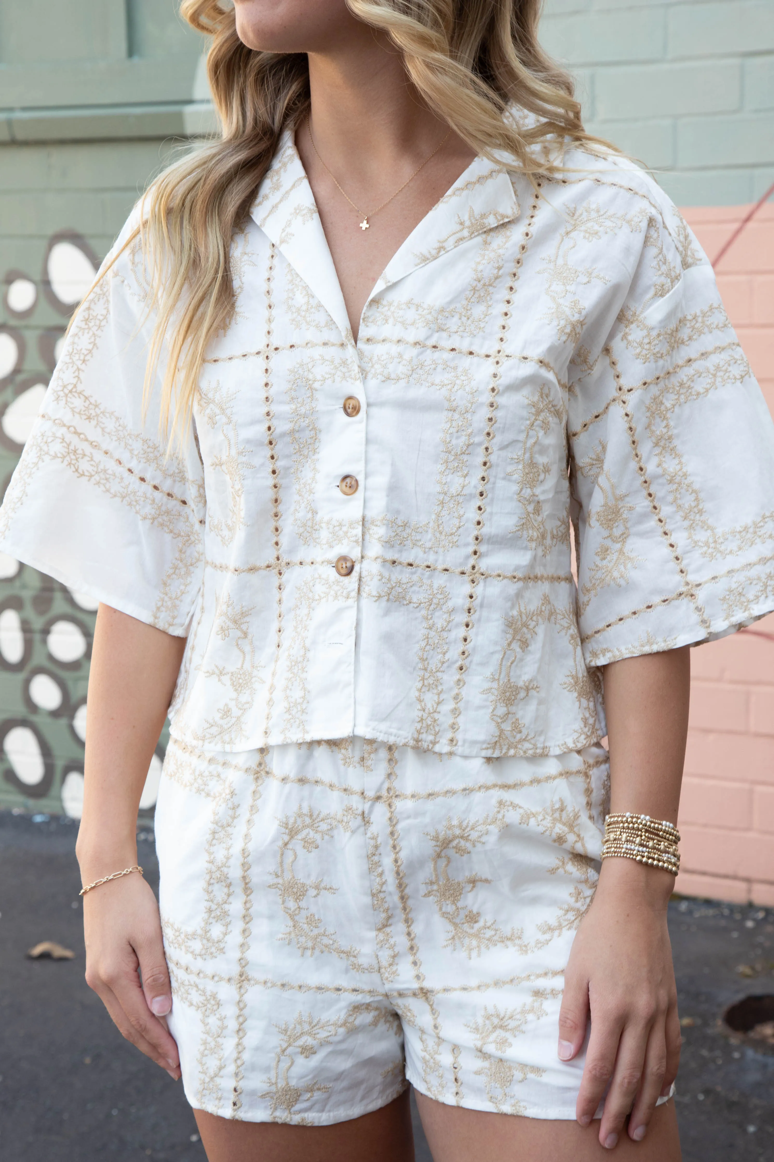 Quinn Embroidered Lined Shorts, Taupe