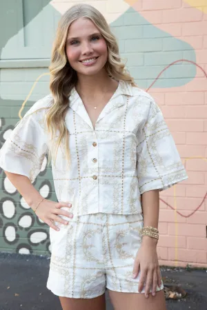 Quinn Embroidered Lined Shorts, Taupe