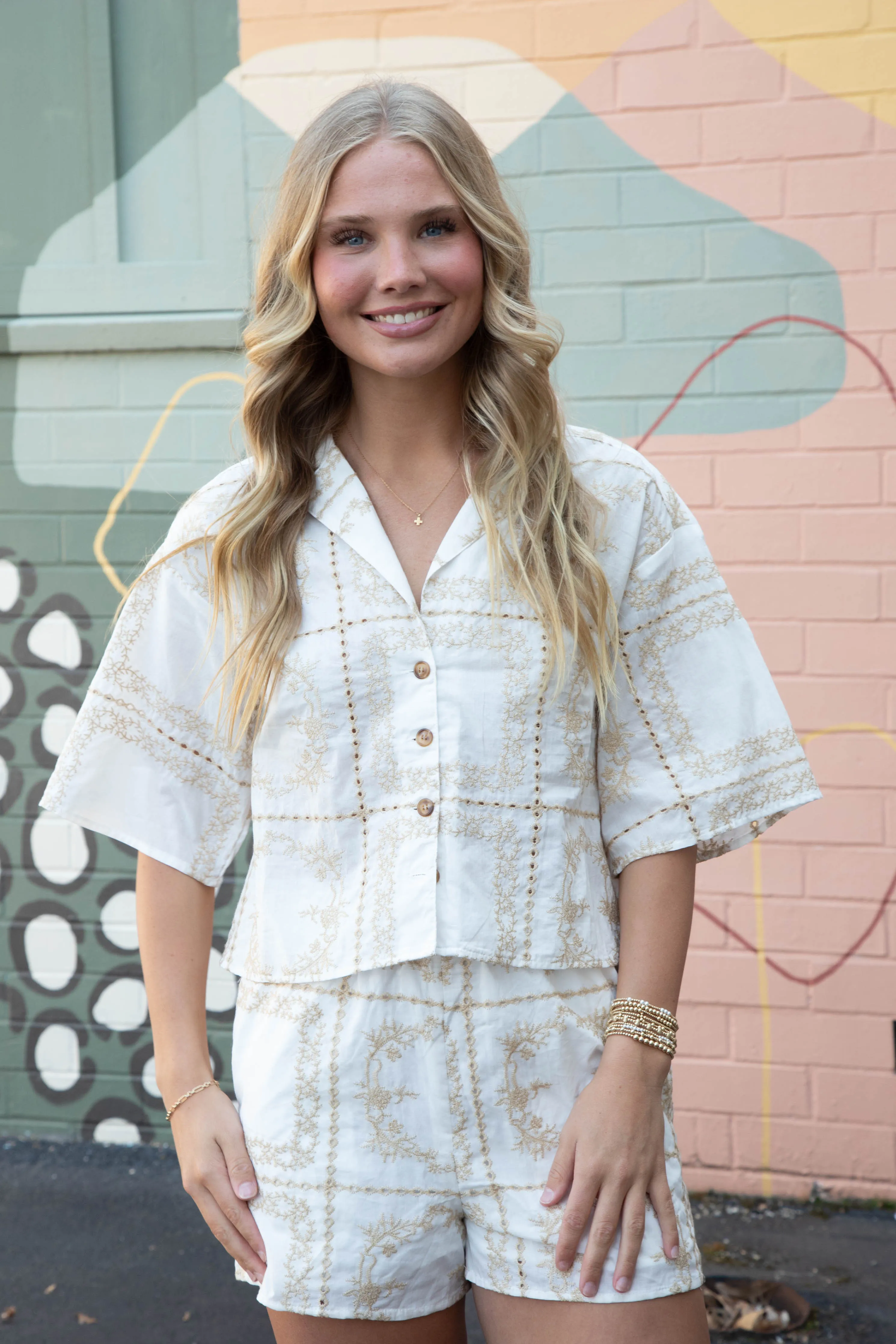 Quinn Embroidered Lined Shorts, Taupe