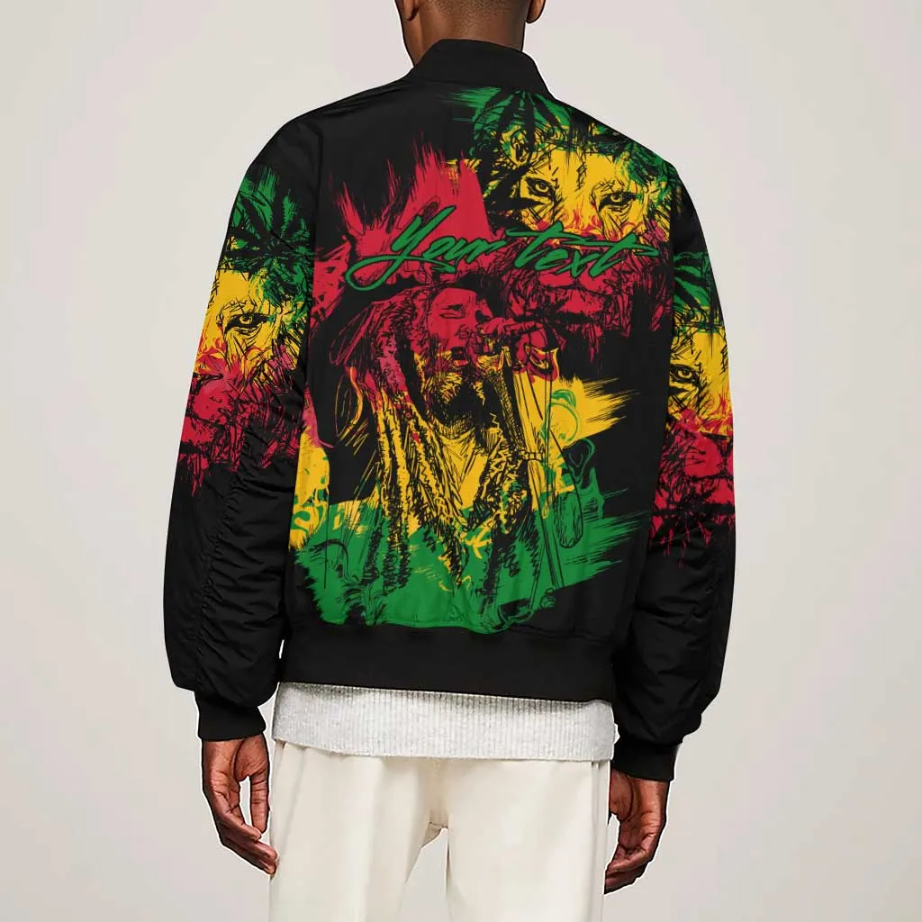 Rastafarian Lion Legend Bob Sleeve Zip Bomber Jacket Black Jamaican Reggae Festival Sketch Portrait LT9