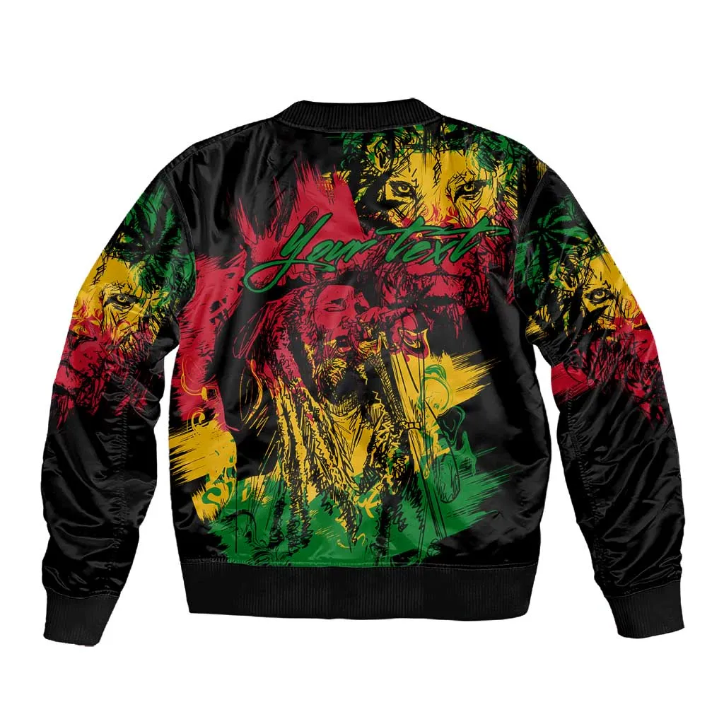Rastafarian Lion Legend Bob Sleeve Zip Bomber Jacket Black Jamaican Reggae Festival Sketch Portrait LT9