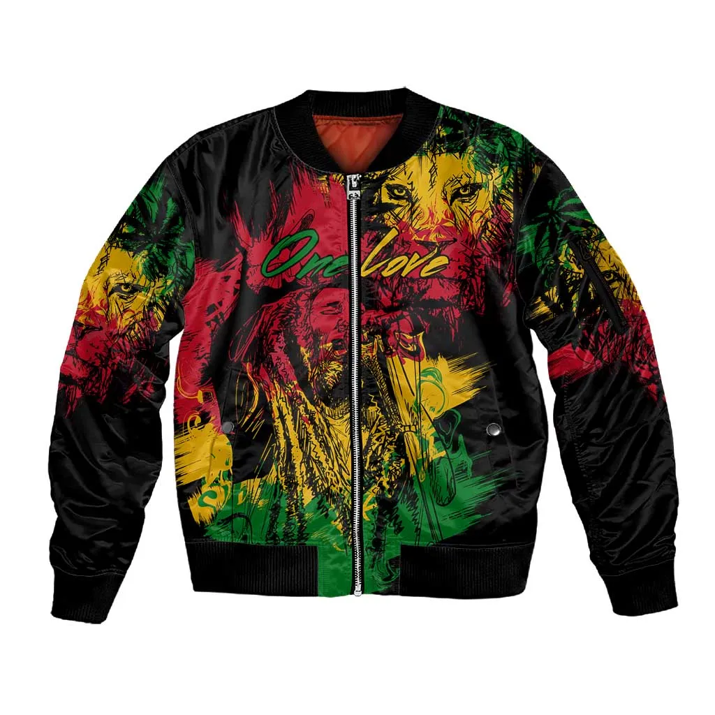Rastafarian Lion Legend Bob Sleeve Zip Bomber Jacket Black Jamaican Reggae Festival Sketch Portrait LT9