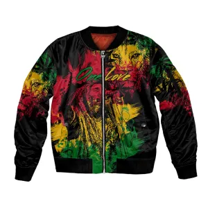 Rastafarian Lion Legend Bob Sleeve Zip Bomber Jacket Black Jamaican Reggae Festival Sketch Portrait LT9