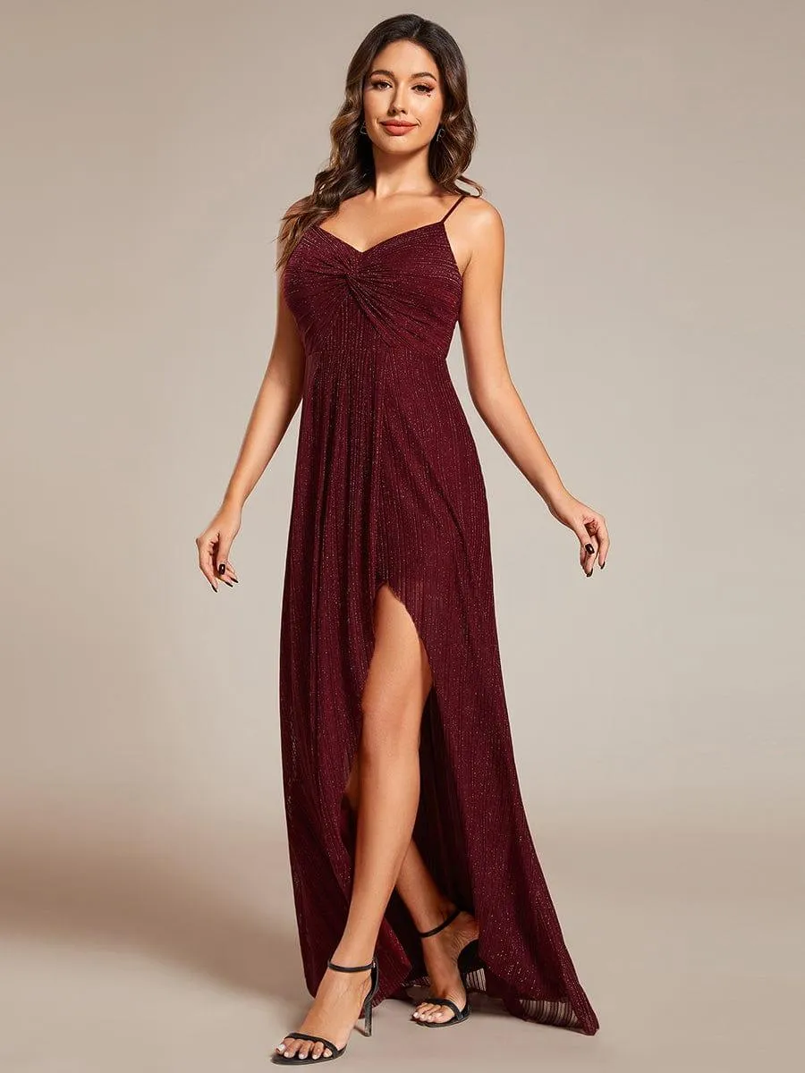 Robe de soirée formelle élégante sans manches à col en V et fente haute avec plissage