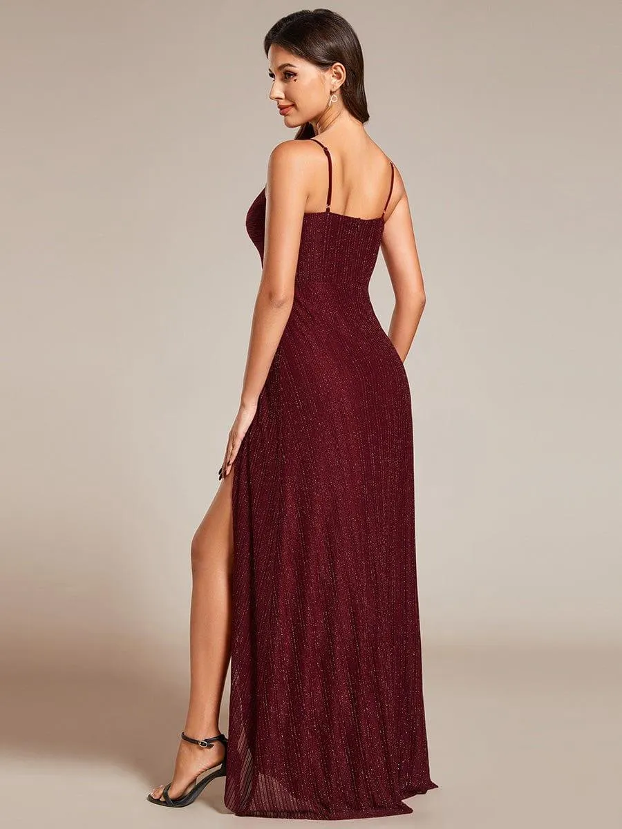 Robe de soirée formelle élégante sans manches à col en V et fente haute avec plissage