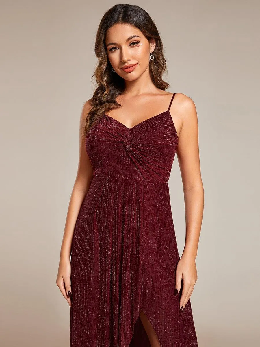 Robe de soirée formelle élégante sans manches à col en V et fente haute avec plissage