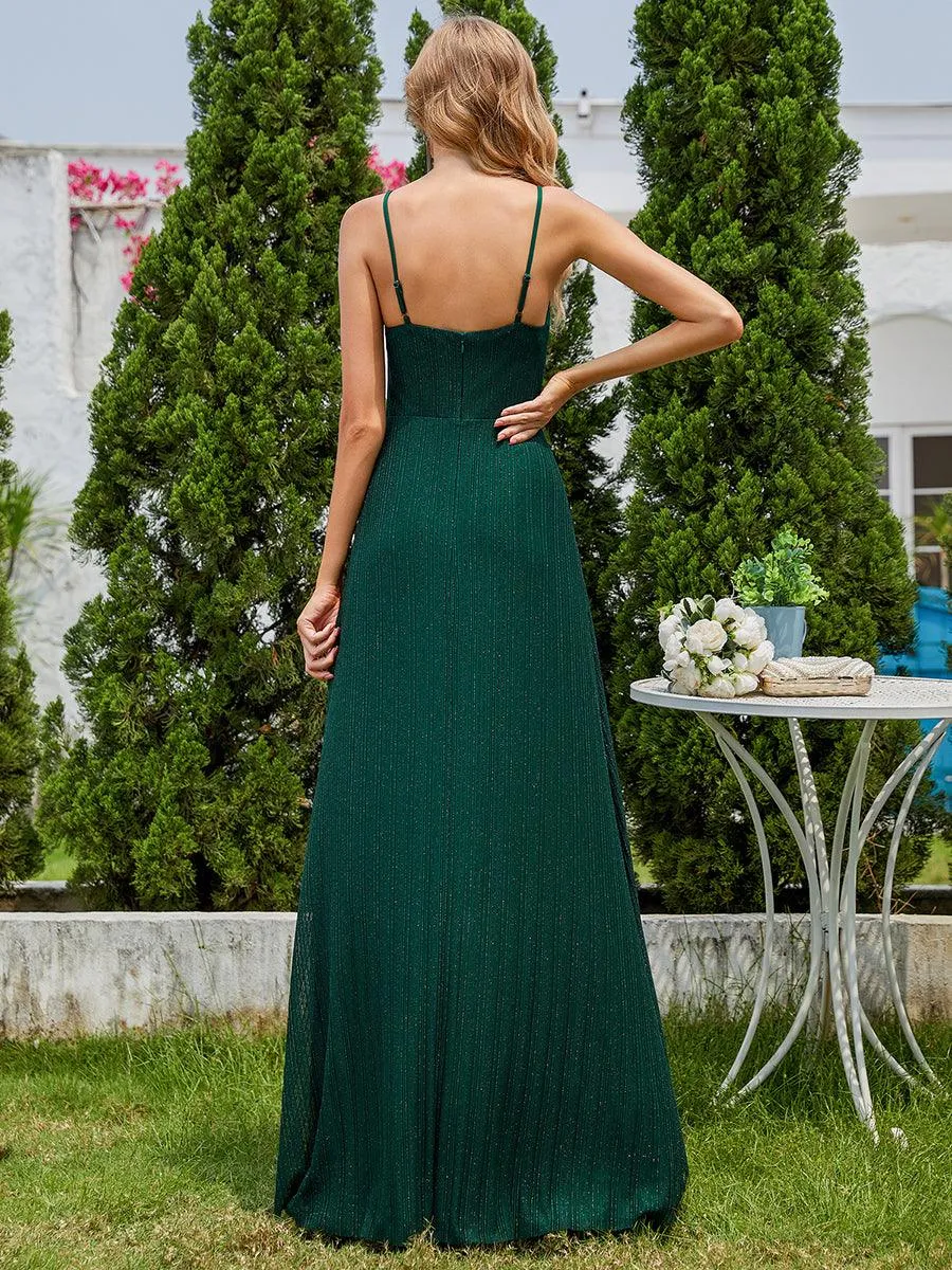 Robe de soirée formelle élégante sans manches à col en V et fente haute avec plissage