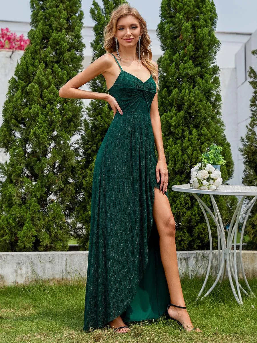 Robe de soirée formelle élégante sans manches à col en V et fente haute avec plissage