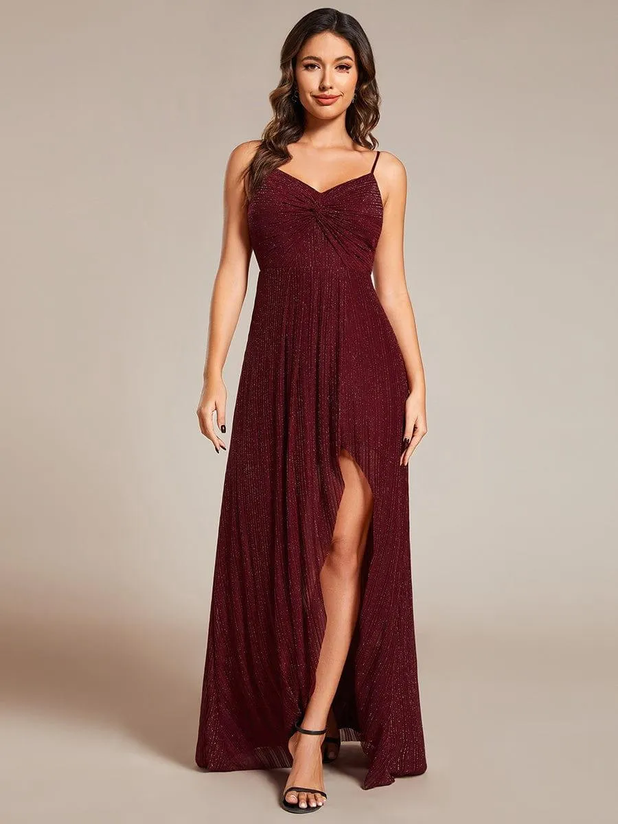 Robe de soirée formelle élégante sans manches à col en V et fente haute avec plissage