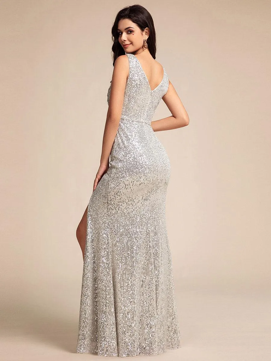 Robe de soirée formelle sans manches à col en U et fente haute sur le devant à sequins scintillants
