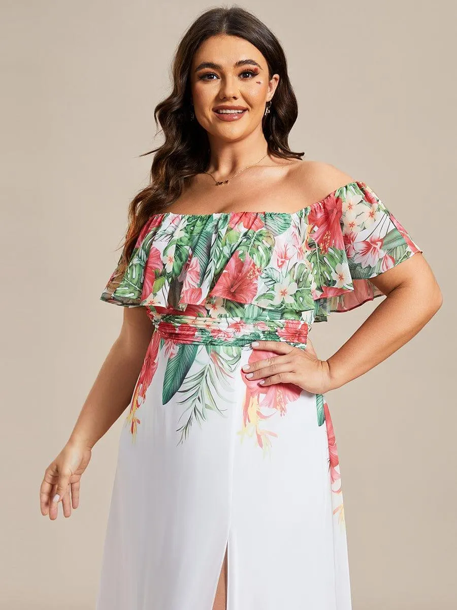 Robe de soirée imprimée taille élastique à épaules dénudées d'été grande taille