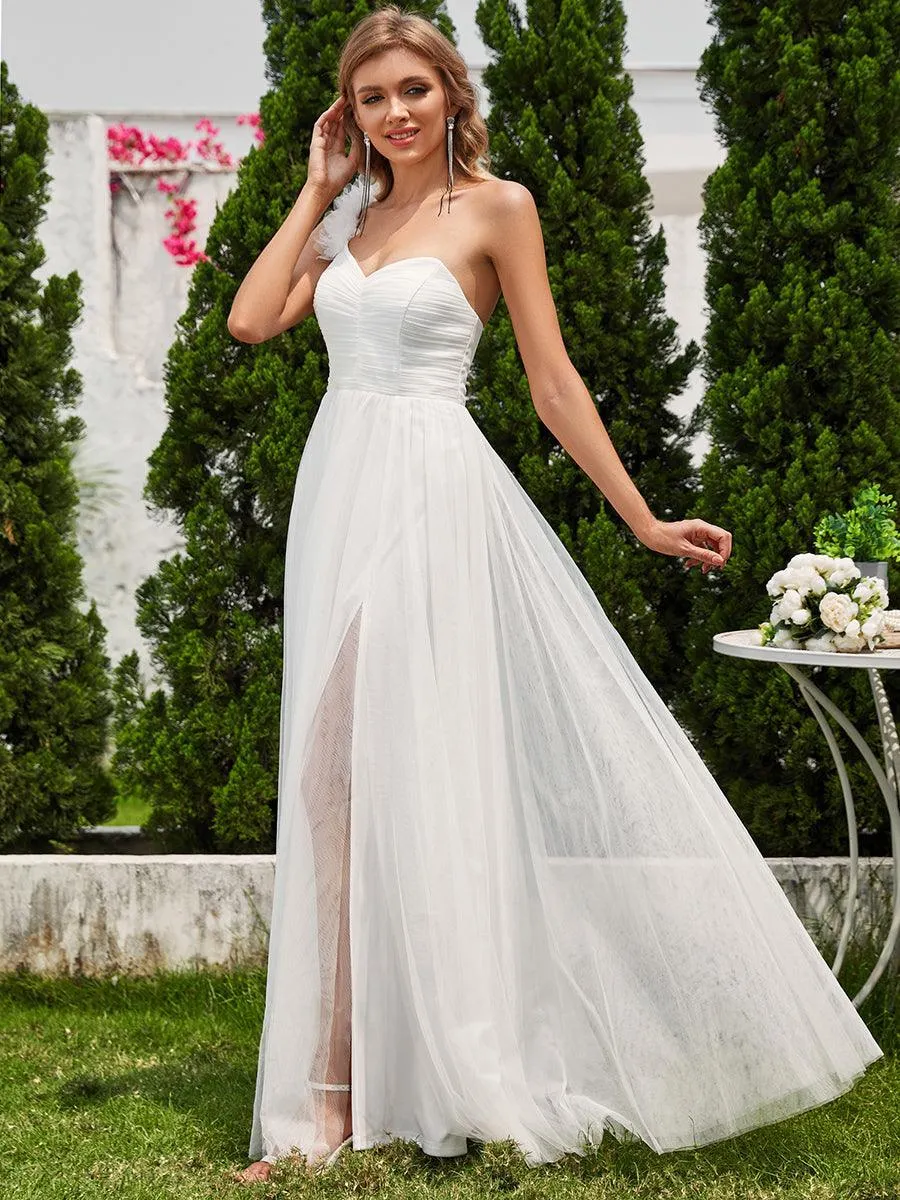 Robe demoiselle d'honneur à une épaule appliquée en tulle avec une fente haute