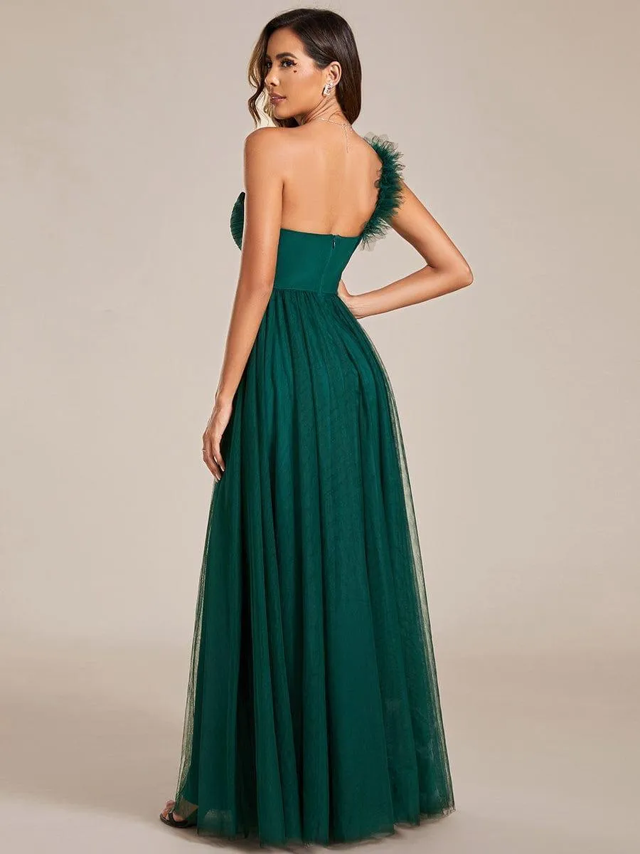 Robe demoiselle d'honneur à une épaule appliquée en tulle avec une fente haute