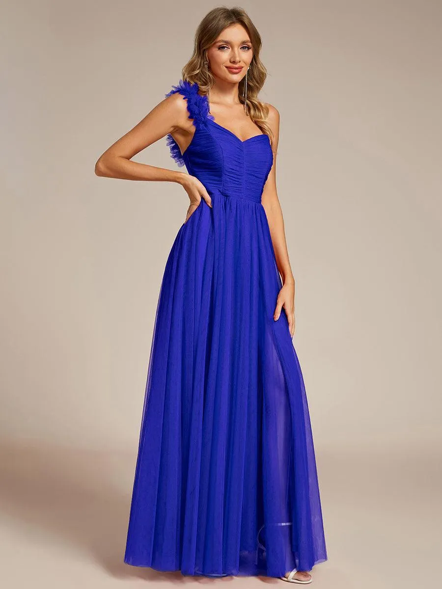 Robe demoiselle d'honneur à une épaule appliquée en tulle avec une fente haute
