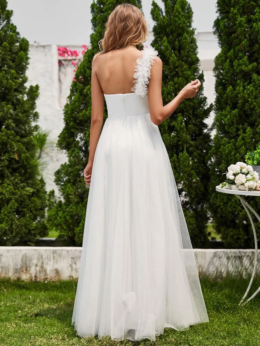 Robe demoiselle d'honneur à une épaule appliquée en tulle avec une fente haute