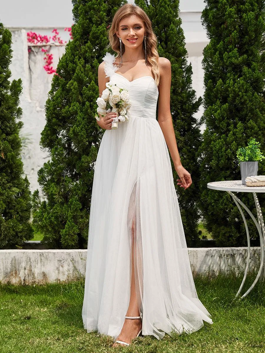 Robe demoiselle d'honneur à une épaule appliquée en tulle avec une fente haute