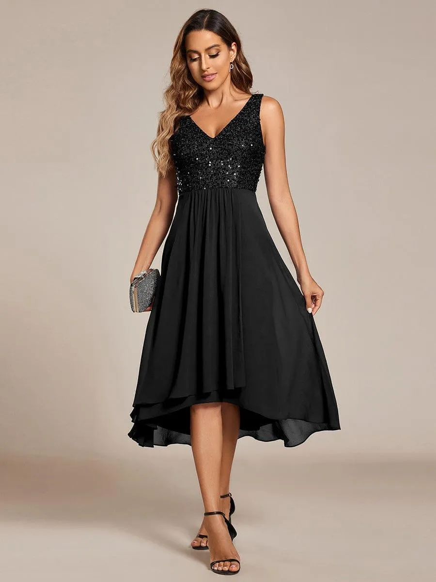 Robe d'invité de mariage élégante en mousseline de soie avec corsage à paillettes et col en V sans manches
